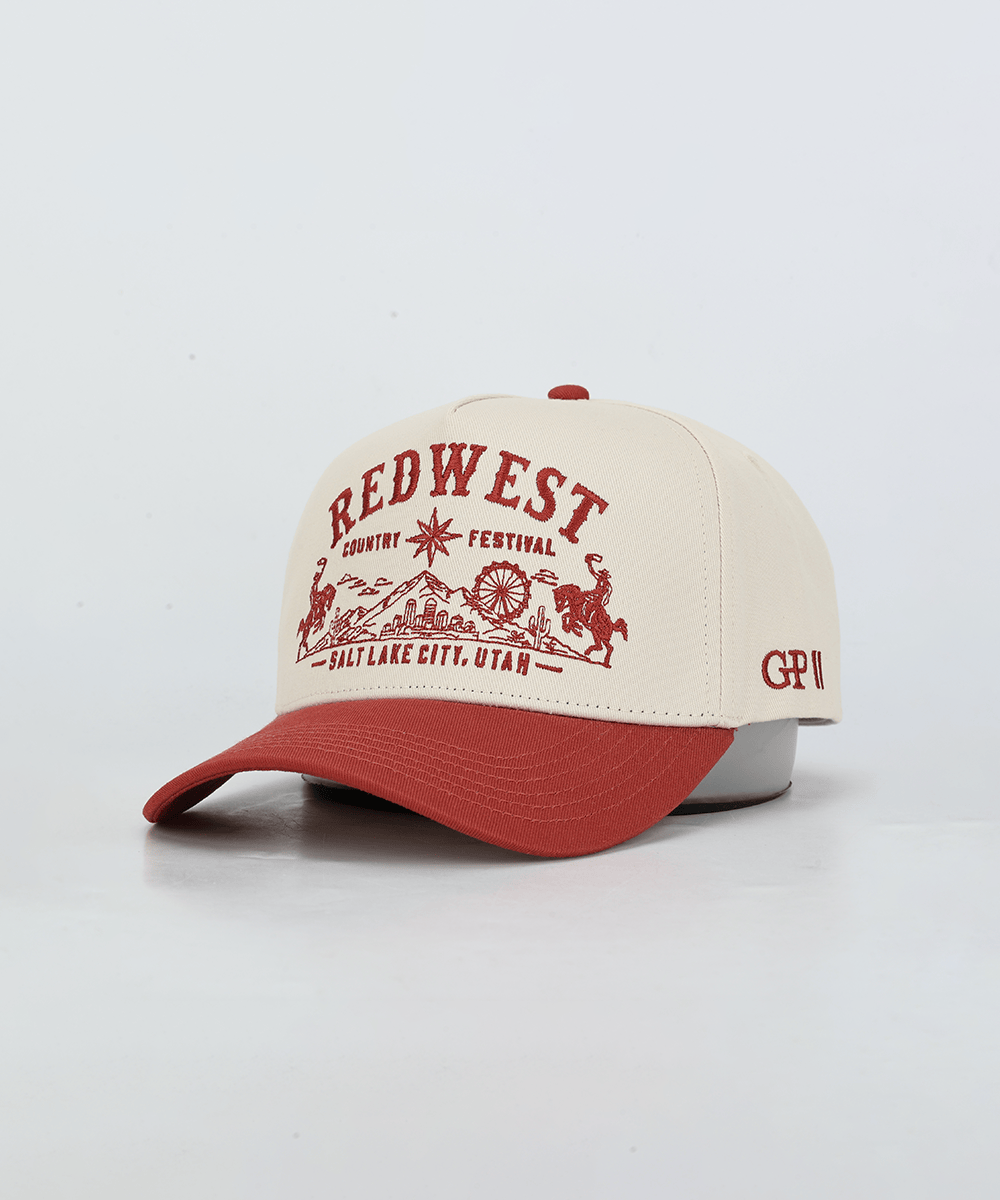 Cream and red trucker hat in a white background #color_cream - rust red
