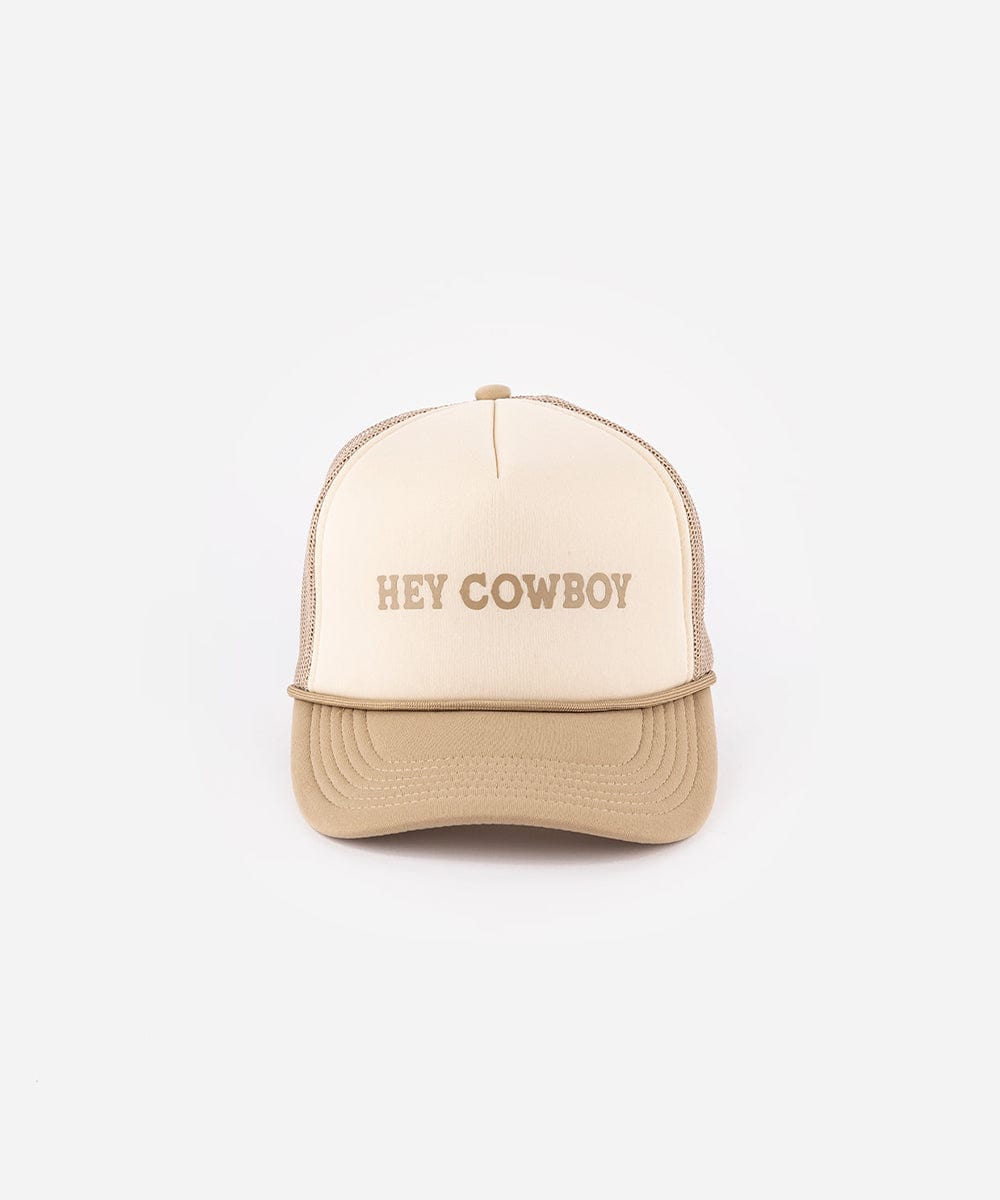 A tan and cream cap with 'Hey Cowboy' text on a white background #color_tan-cream