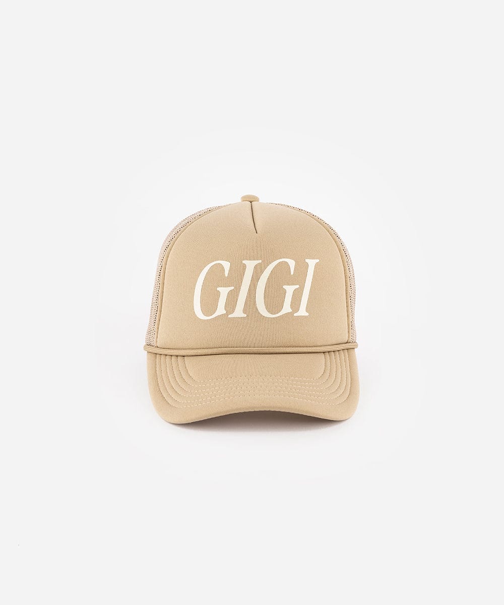 A tan cap with 'GIGI' text on a white background #color_tan