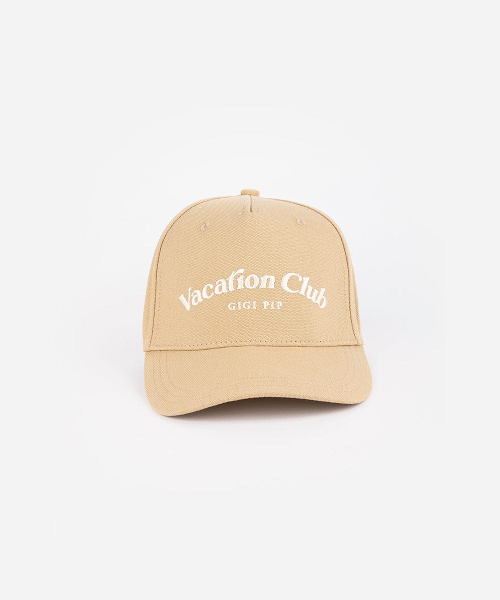 A tan cap with 'Vacation Club' text on a white background #color_tan