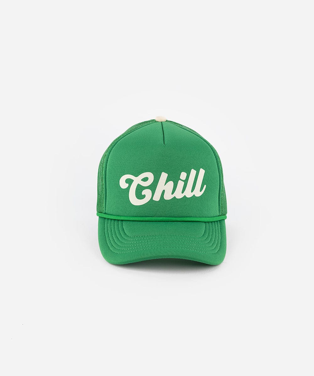 A vintage green colored trucker hat with the text 'Chill' on a white background #color_vintage green