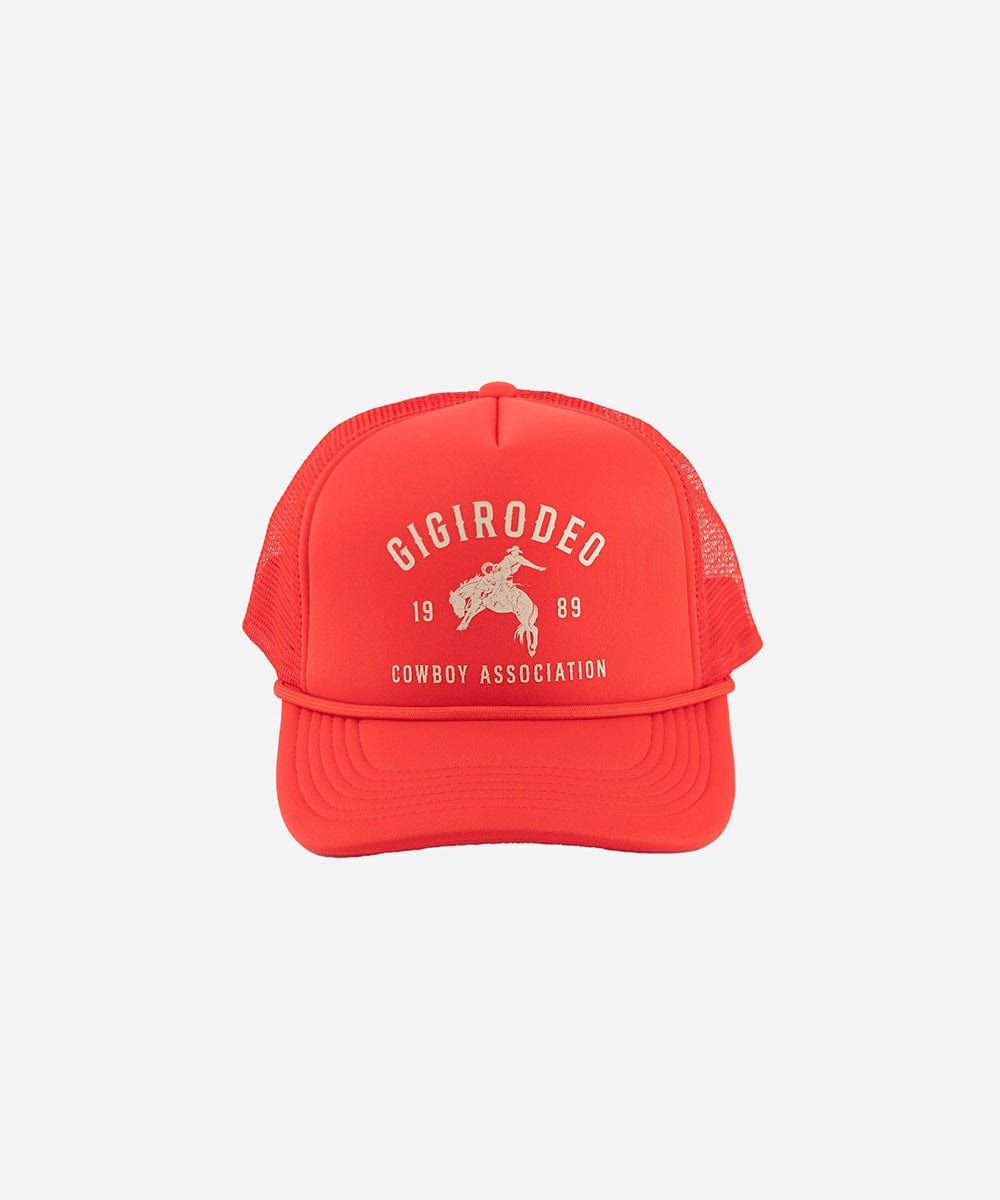 Vintage red cap with golden 'GIGIRODEO' text and logo on a white background #color_vintage red