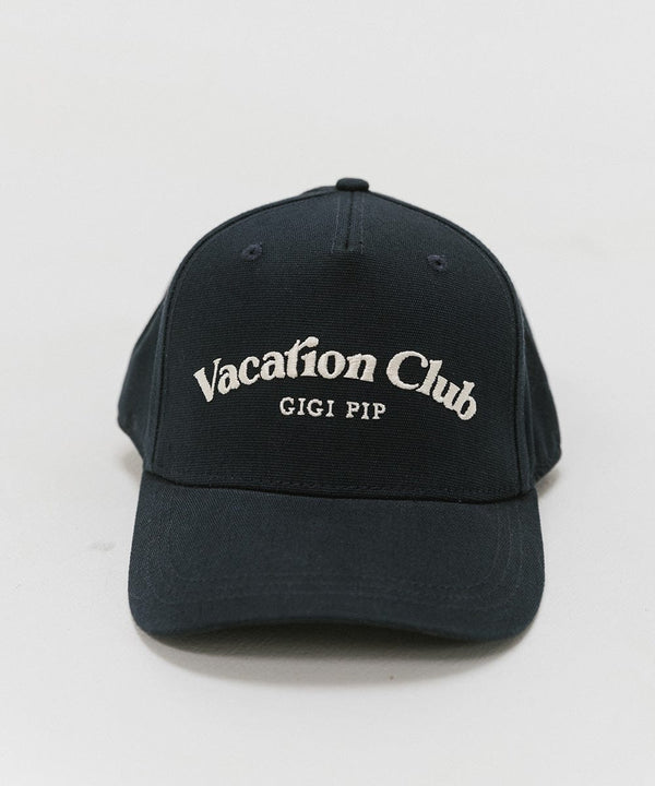 Gigi Pip trucker hats for women - Vacation Club Canvas Trucker Hat - 100% cotton canvas w/ cotton sweatband + reinforced from inner panel with 100% plolyester mesh trucker with Vacation Club embroidered on the front panel featuring an adjustable back strap [navy]
