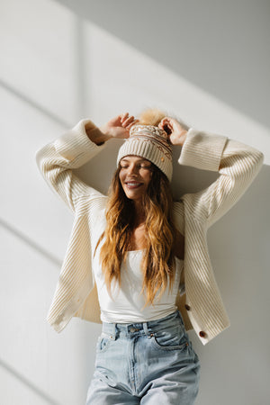 Gigi Pip beanies for women - Aspen Knit Print Beanie - 100% polyester relaxed fit beanie with a knit print and features a pom pom on the top