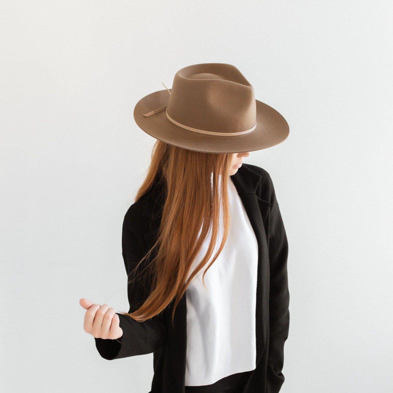 Woman wearing a brown fedora hat with a hat band and a white t-shirt with a black blazer, looking sideways against a plain background #color_brown