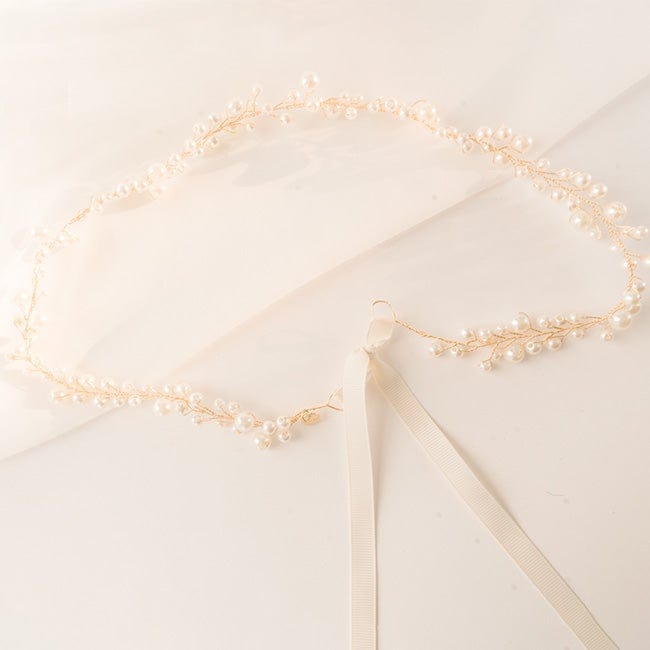 A gold decorative hat band with beads on a plain background #color_gold