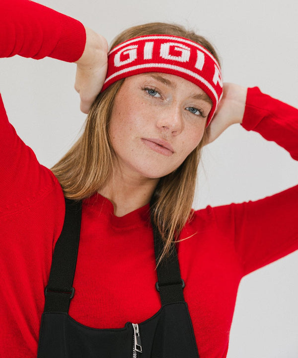 Gigi Pip winter hats for women - Ashton Retro Headband - 10% wool + 90% acrylic classic retro ski style headbands with limited edition holiday logo [ruby red]