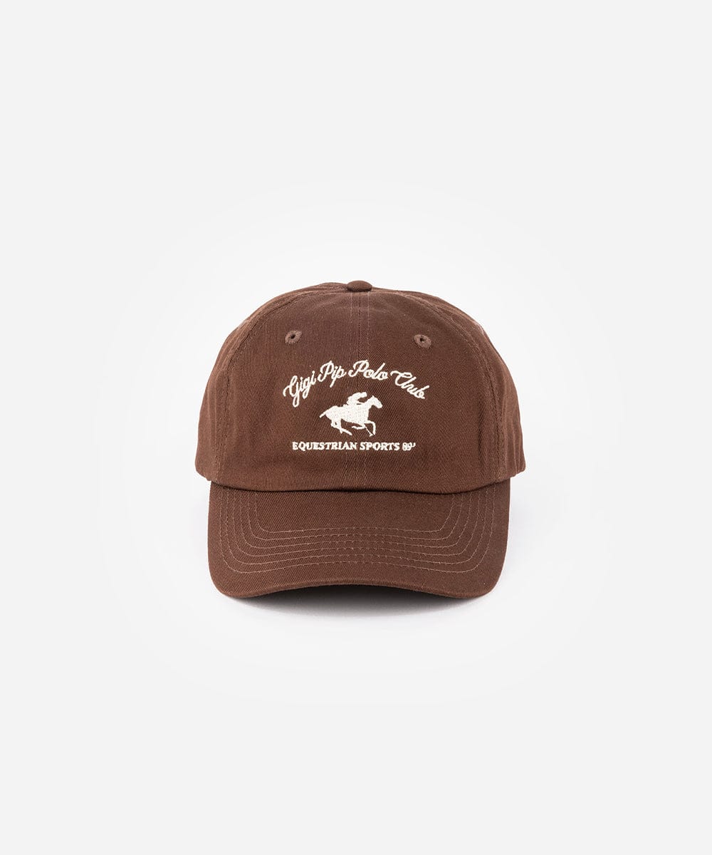 A brown cap with white text and horse logo on a white background #color_chocolate