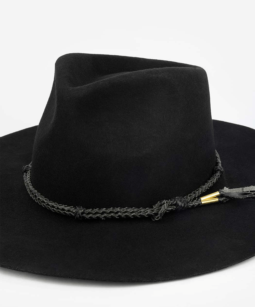 Black fedora hat with decorative band on a white background #color_black