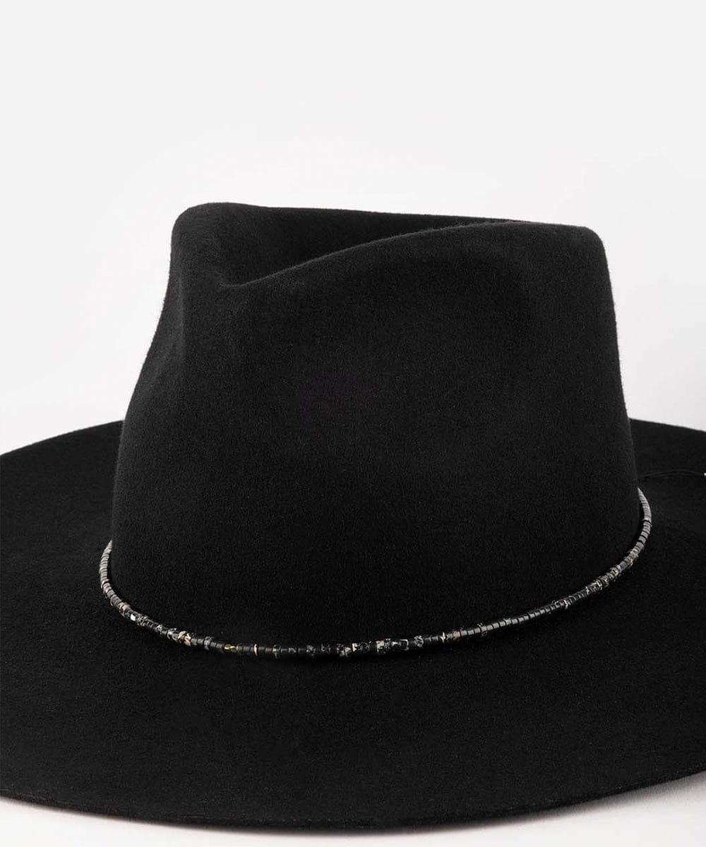 Black fedora hat with decorative band on a white background #color_black obsidian