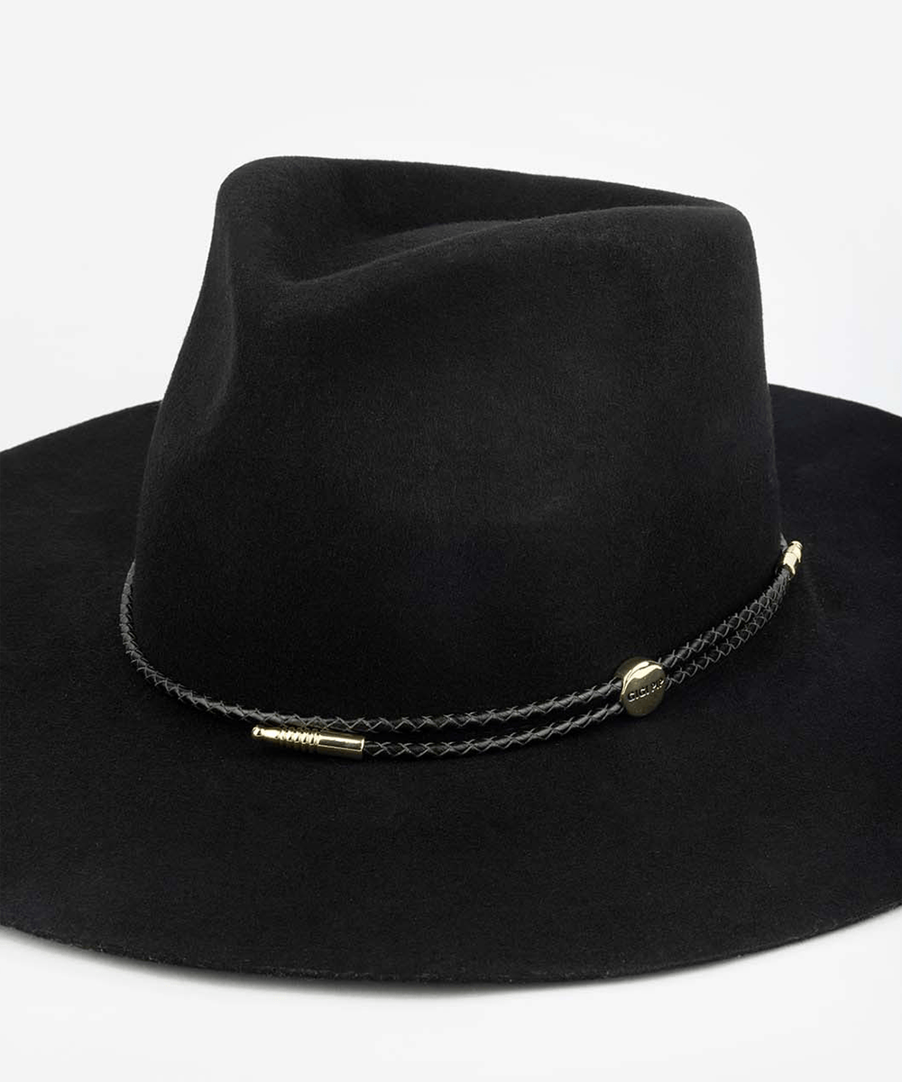Black fedora hat with a braided band on a light gray background #color_black