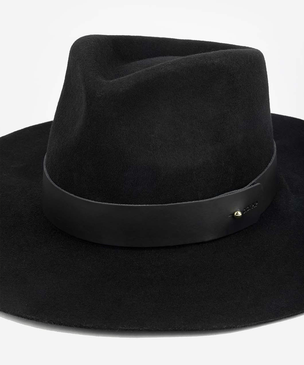 Black fedora hat with a leather band on a light gray background #color_black