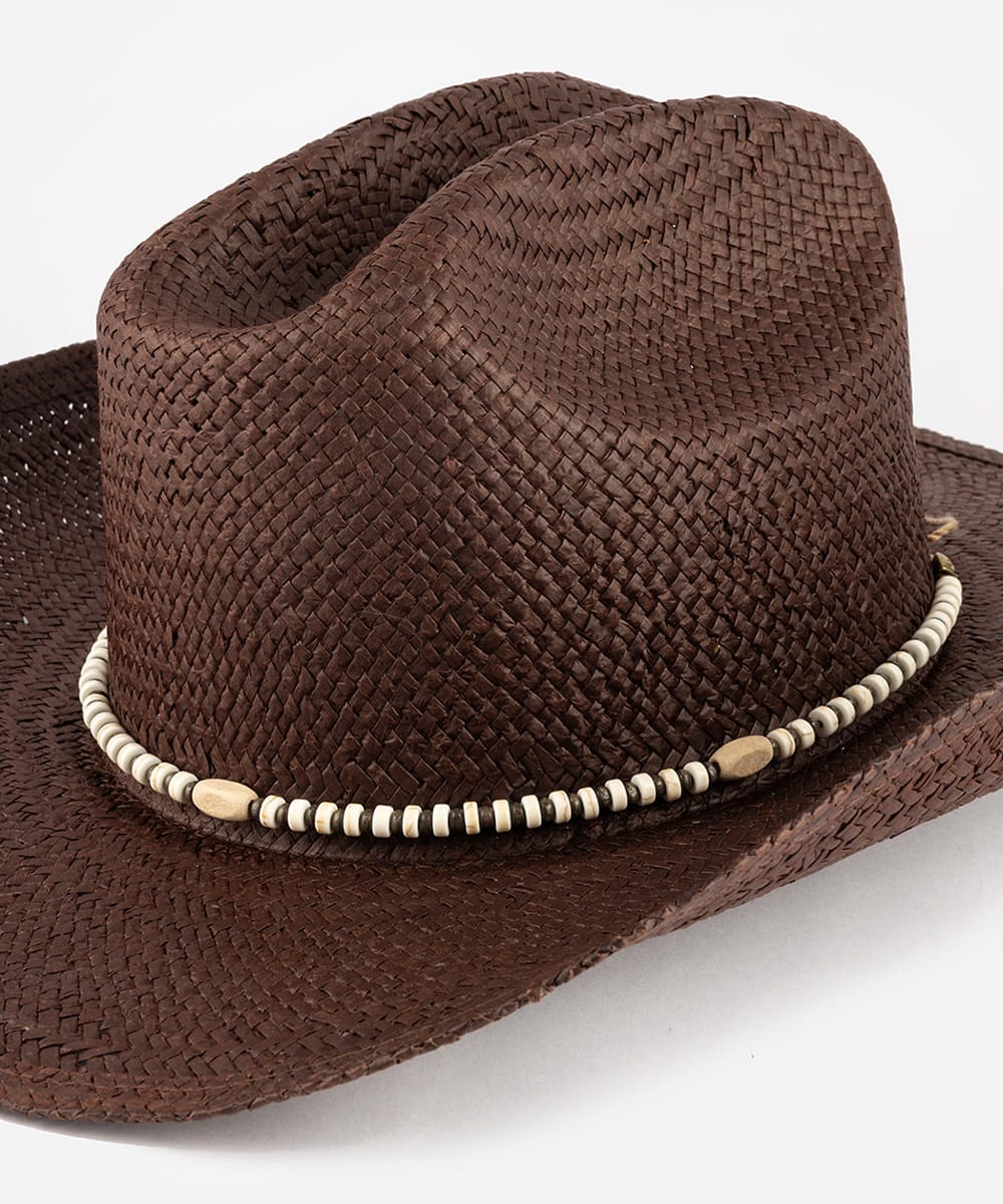 Brown straw cowboy hat with decorative band on a white background #color_brown-white
