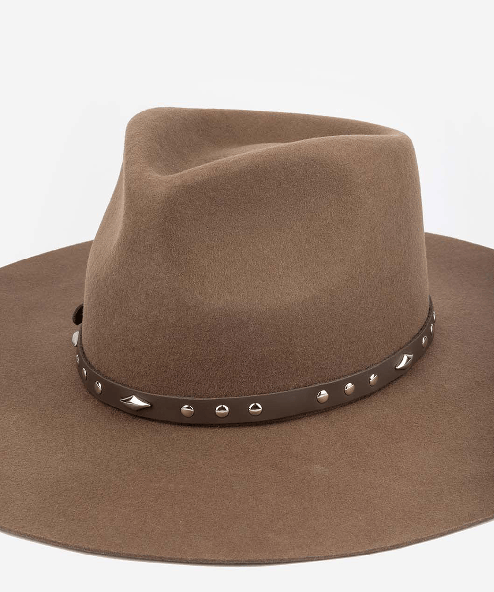 Brown hat with a chocolate colored studded leather hat band against a plain background #color_chocolate