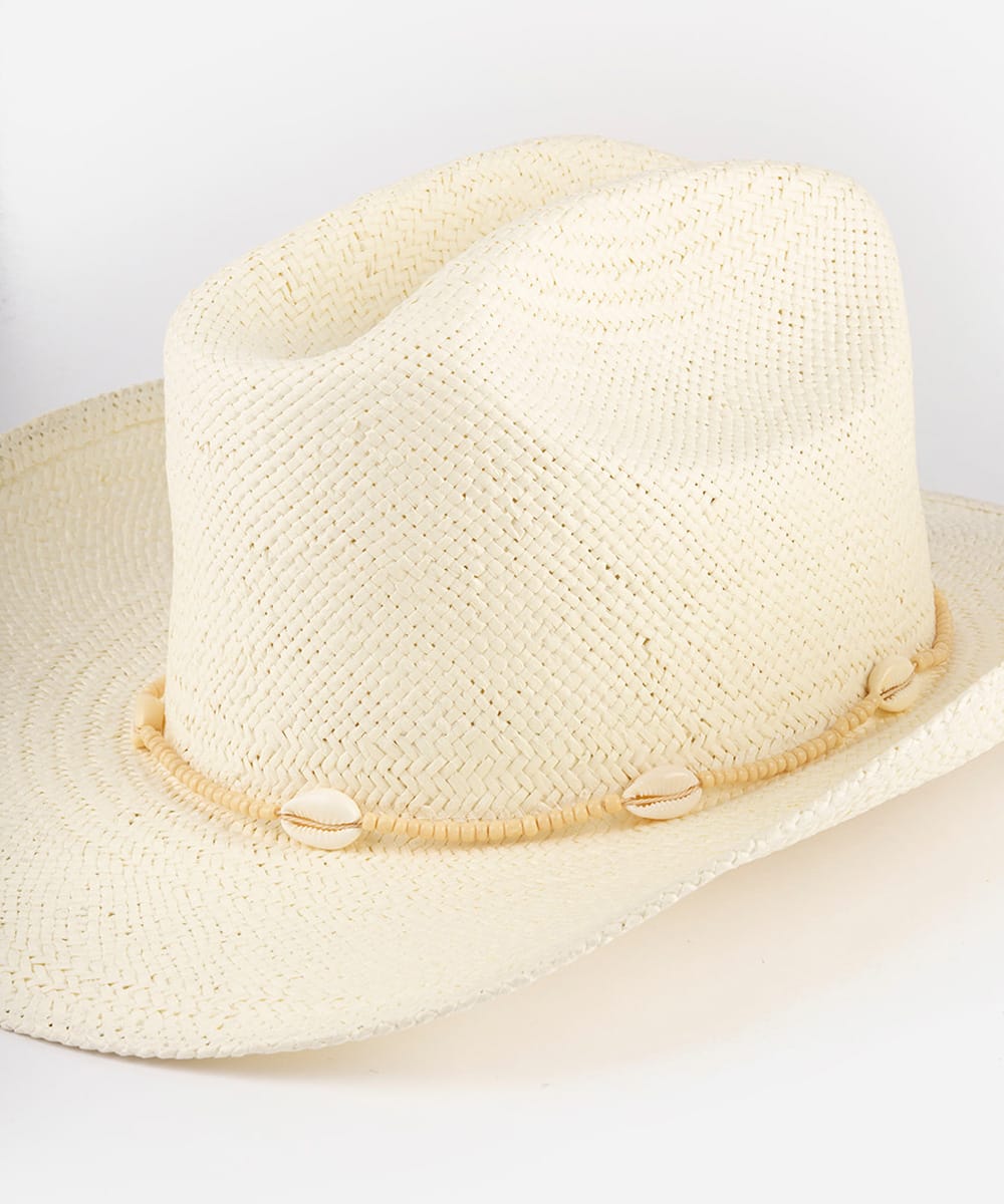 Beige straw hat with decorative band on a plain background #color_cream
