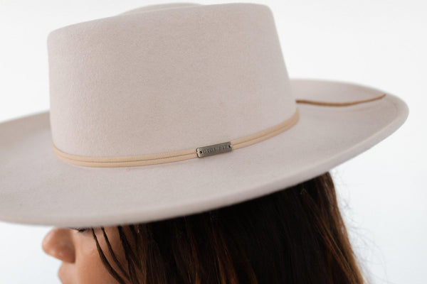 Gigi Pip hat bands + trims for women's hats - Grosgrain Band - 100% polyester grosgrain band featuring a Gigi Pip engraved metal bar and two tails where the band ties together in the back [nude]
