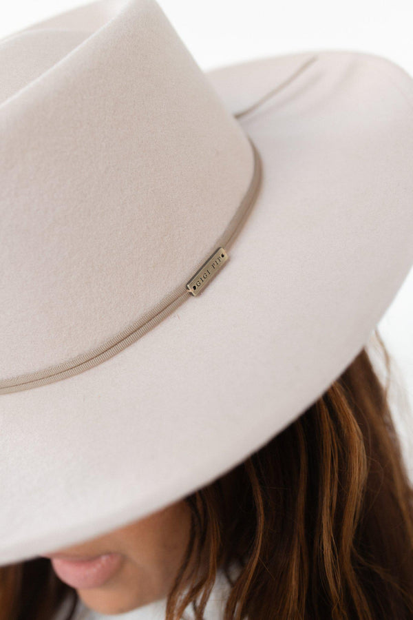 Gigi Pip hat bands + trims for women's hats - Grosgrain Band - 100% polyester grosgrain band featuring a Gigi Pip engraved metal bar and two tails where the band ties together in the back [taupe]