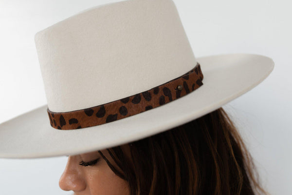 Gigi Pip hat bands + trims for women's hats - Leopard Print Band - 100% genuine leather band with a layer of leopard print faux fur lining the outside and a brass pin to secure around the back of your crown [dark-brown]