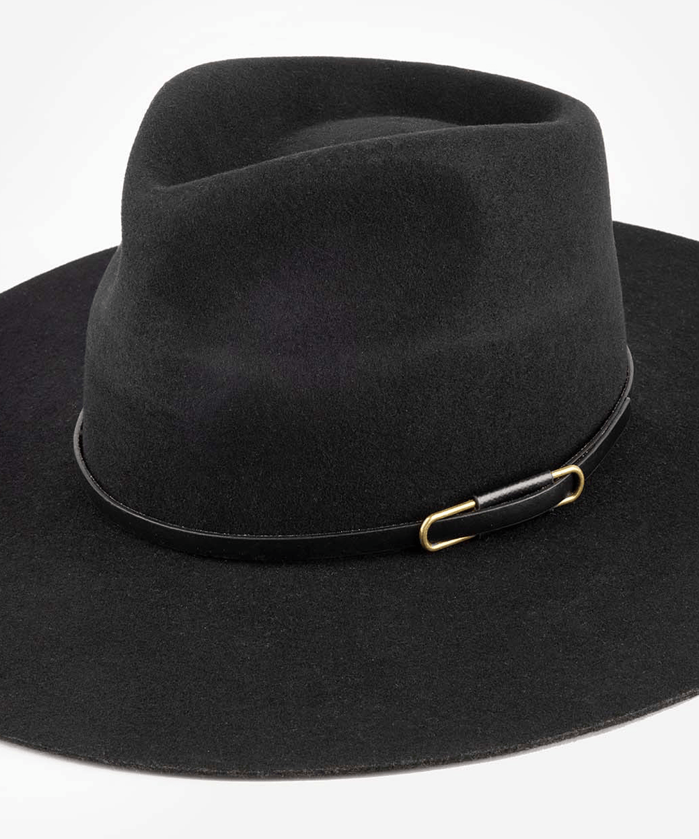Black fedora hat with a leather band and gold buckle on a white background #color_black - gold