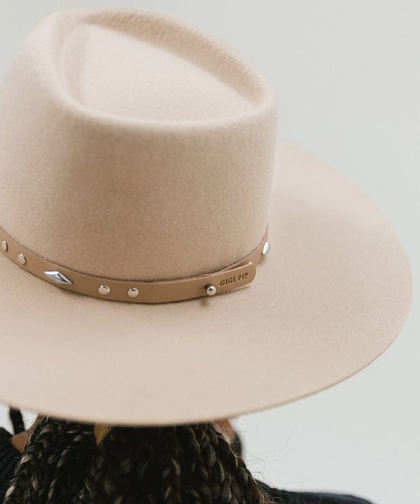Gigi Pip hat bands + trims for women's hats - Studded Leather Band - 100% genuine leather + silver metal plated studs with a gold plated metal enclosure + gigi pip embossed detailing [nude]