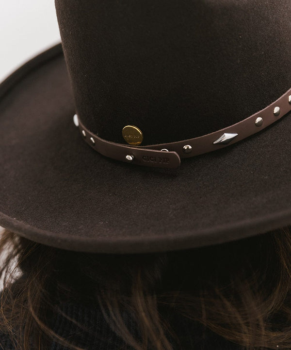 Gigi Pip hat bands + trims for women's hats - Studded Leather Band - 100% genuine leather + silver metal plated studs with a gold plated metal enclosure + gigi pip embossed detailing [chocolate]