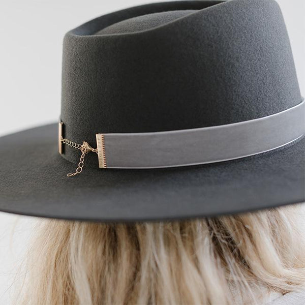 Gigi Pip hat bands + trims for women's hats - Velvet Chain Band - 100% nylon ribbon band with a layer of velvet lining the outside, featuring with Gigi Pip brand near the gold chain clasp [light grey]