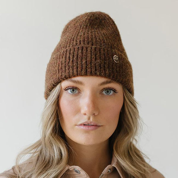Gigi Pip beanies for women - Collins Beanie - soft knit ribbed women's beanie featuring a fold up brim with a rose gold Gigi Pip logo pin on the side of the fold [chocolate brown]