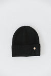 Gigi Pip beanies for women - Collins Beanie - soft knit ribbed women's beanie featuring a fold up brim with a rose gold Gigi Pip logo pin on the side of the fold [black]