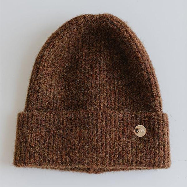Gigi Pip beanies for women - Collins Beanie - soft knit ribbed women's beanie featuring a fold up brim with a rose gold Gigi Pip logo pin on the side of the fold [chocolate brown]