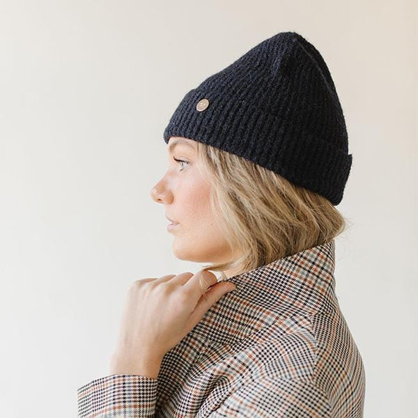 Gigi Pip beanies for women - Collins Beanie - soft knit ribbed women's beanie featuring a fold up brim with a rose gold Gigi Pip logo pin on the side of the fold [midnight]