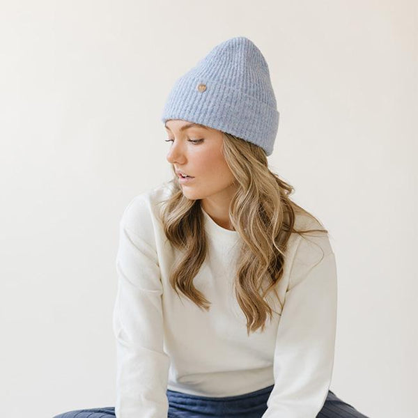 Gigi Pip beanies for women - Collins Beanie - soft knit ribbed women's beanie featuring a fold up brim with a rose gold Gigi Pip logo pin on the side of the fold [periwinkle]