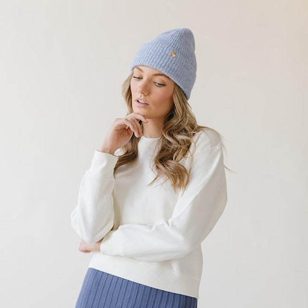 Gigi Pip beanies for women - Collins Beanie - soft knit ribbed women's beanie featuring a fold up brim with a rose gold Gigi Pip logo pin on the side of the fold [periwinkle]