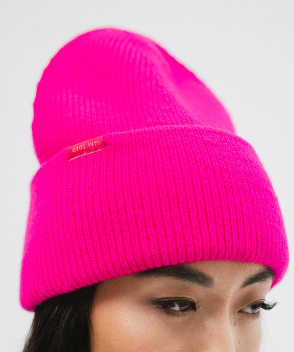 Gigi Pip Limited Edition Hats for Women - Limited Edition Hot Pink Beanie 33 - 100% acrylic hot pink oversized knit beanie with a wide fold brim + gigi pip branded tag on the fold [hot pink]