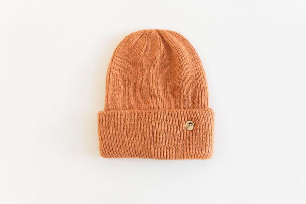 Gigi Pip beanies for women - Ky Thick Knit Beanie - 100% acrylic thick knit beanie with a statement fold featuring the rose gold Gigi Pip pin on the forehead [clay]