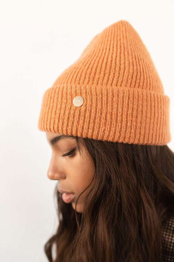 Gigi Pip beanies for women - Ky Thick Knit Beanie - 100% acrylic thick knit beanie with a statement fold featuring the rose gold Gigi Pip pin on the forehead [clay]