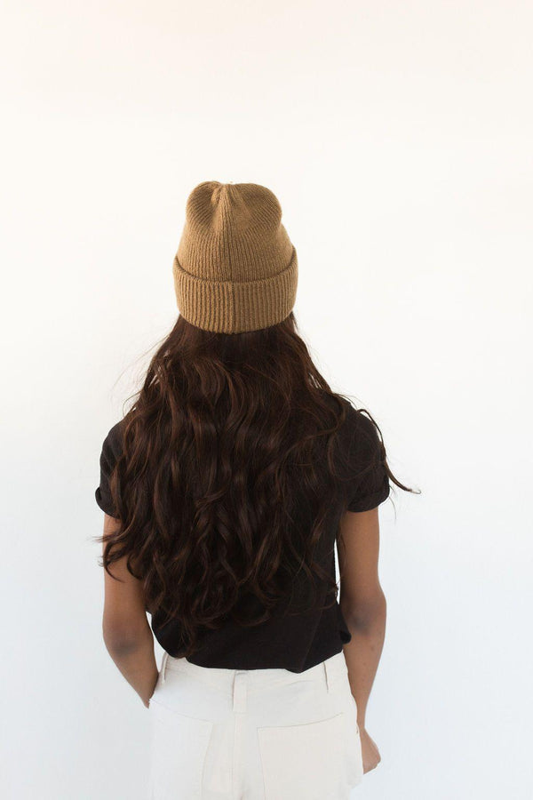 Gigi Pip beanies for women - Ky Thick Knit Beanie - 100% acrylic thick knit beanie with a statement fold featuring the rose gold Gigi Pip pin on the forehead [mocha]