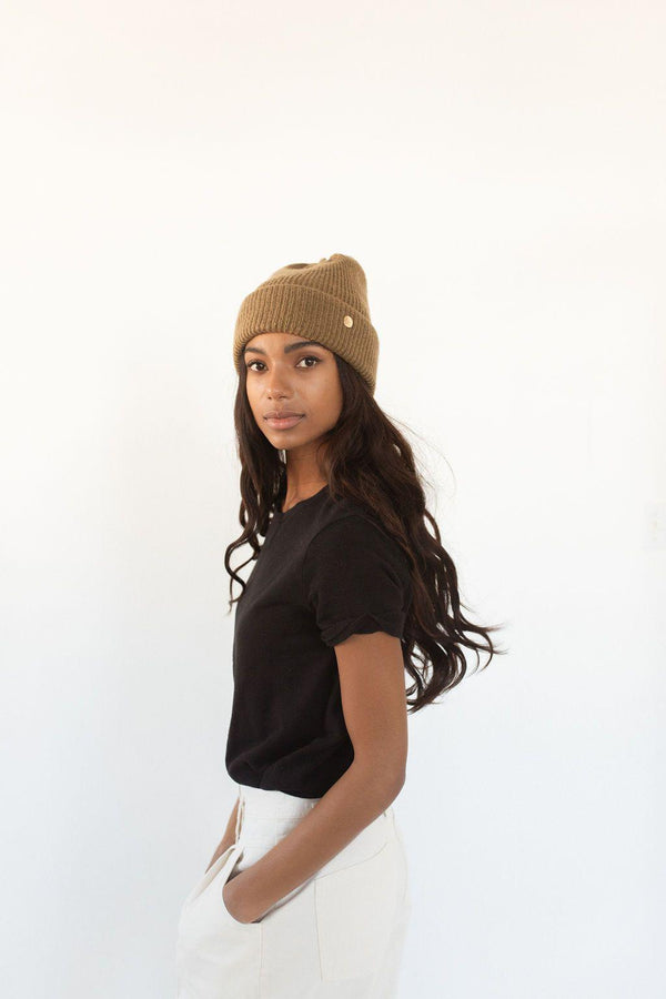 Gigi Pip beanies for women - Ky Thick Knit Beanie - 100% acrylic thick knit beanie with a statement fold featuring the rose gold Gigi Pip pin on the forehead [mocha]