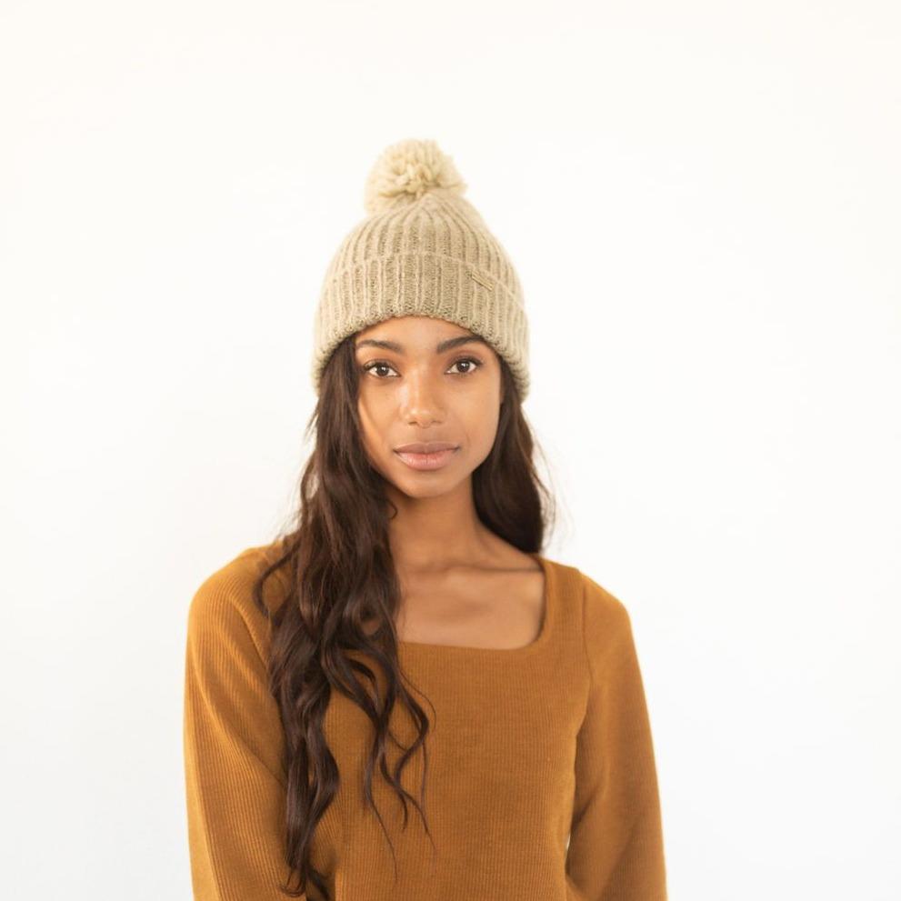 Gigi Pip beanies for women - Mo Pom Beanie - classic knit beanie with a pom on the crown, featuring the Gigi Pip logo on a metal bar on the front fold [dusty sage]