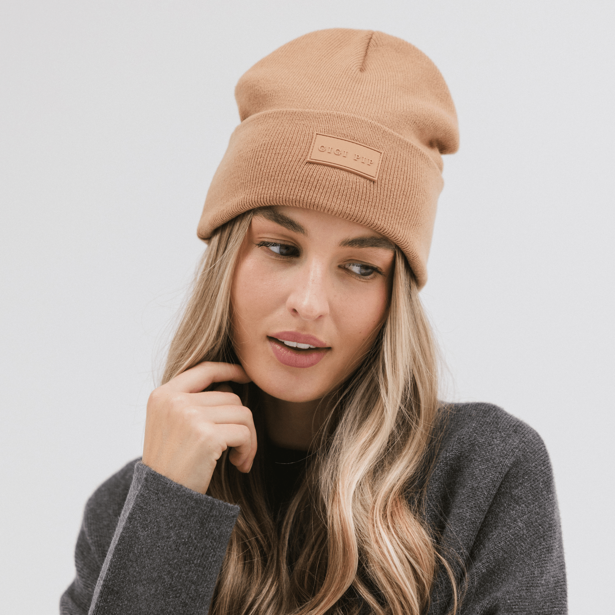 Gigi Pip beanies for women - Pip Beanie - classic 100% acrylic beanie with the Gigi Pip logo on the fold over label above the eyes [latte]