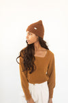 Gigi Pip beanies for women - Marsh Waffle Knit Beanie - 100% acrylic waffle knit beanie with the Gigi Pip logo on a tag over the fold [chocolate brown]