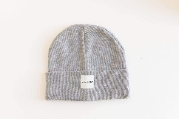 Gigi Pip beanies for women - Pip Beanie - classic 100% acrylic beanie with the Gigi Pip logo on the fold over label above the eyes [grey]