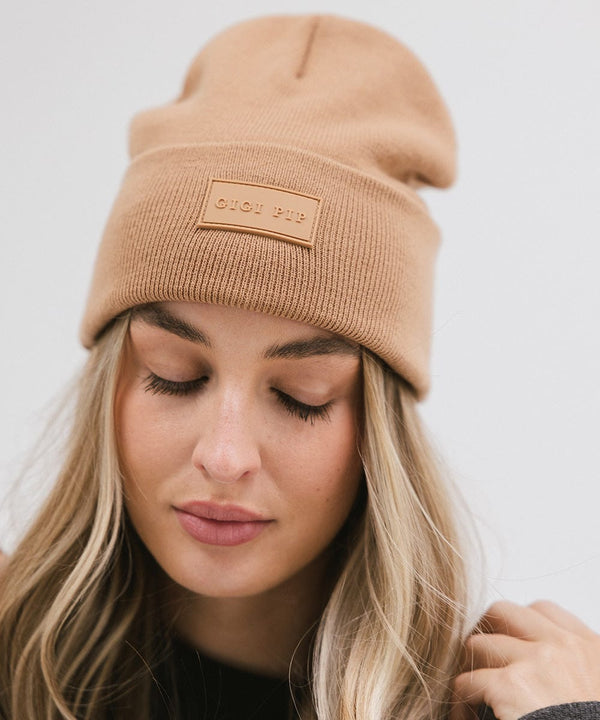 Gigi Pip beanies for women - Pip Beanie - classic 100% acrylic beanie with the Gigi Pip logo on the fold over label above the eyes [latte]