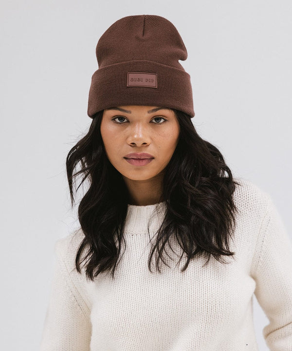 Gigi Pip beanies for women - Pip Beanie - classic 100% acrylic beanie with the Gigi Pip logo on the fold over label above the eyes [chocolate]