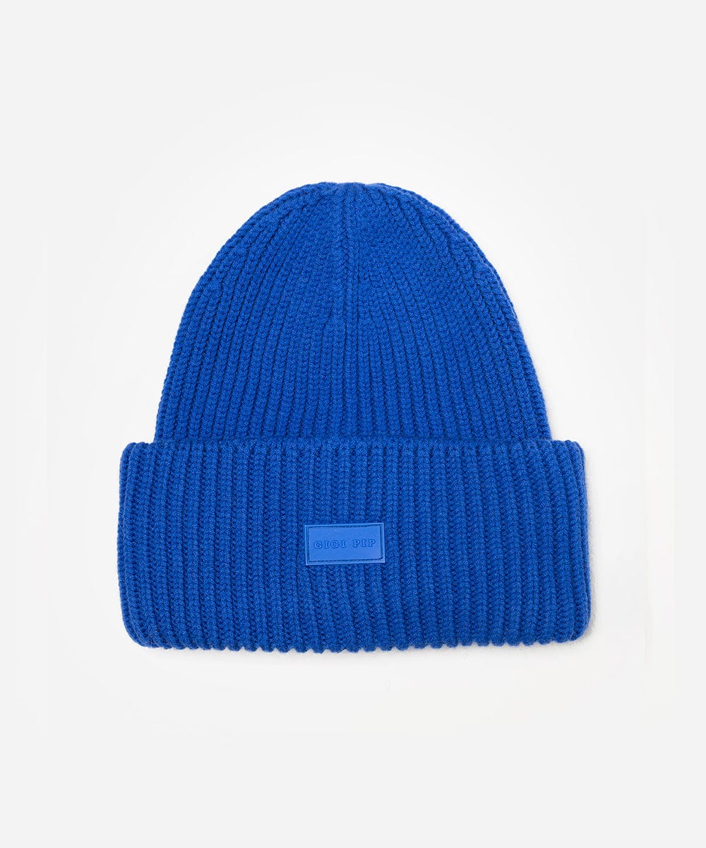 Alpine blue knit beanie with a small logo on a white background #color_alpine blue