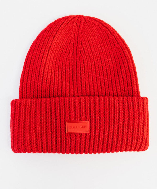 Gigi Pip beanies for women - Gigi Merino Wool Beanie - 100% merino wool double fold beanie featuring a Gigi Pip branded silicone patch on the front fold [ruby red]