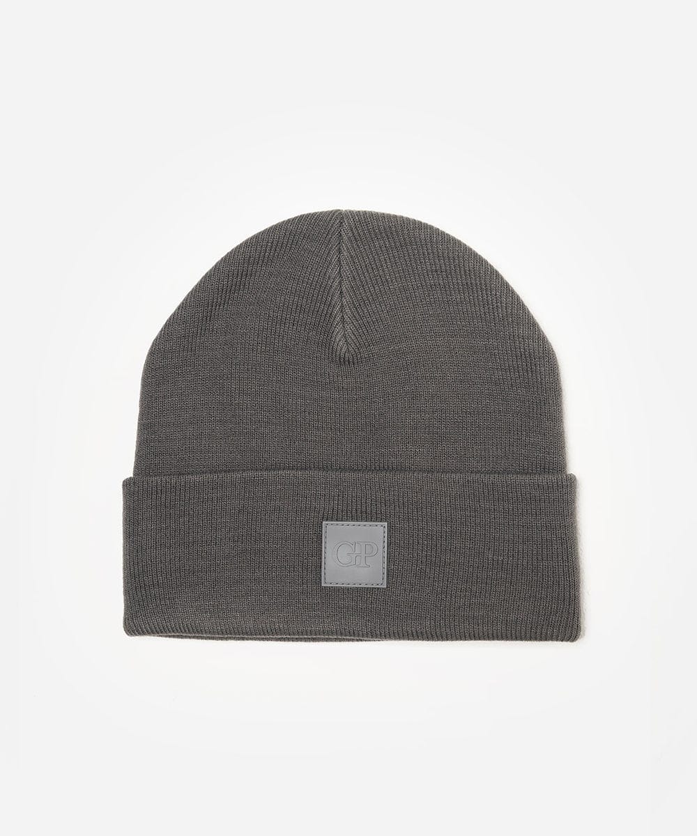 Grey beanie with a brand logo on a white background #color_grey