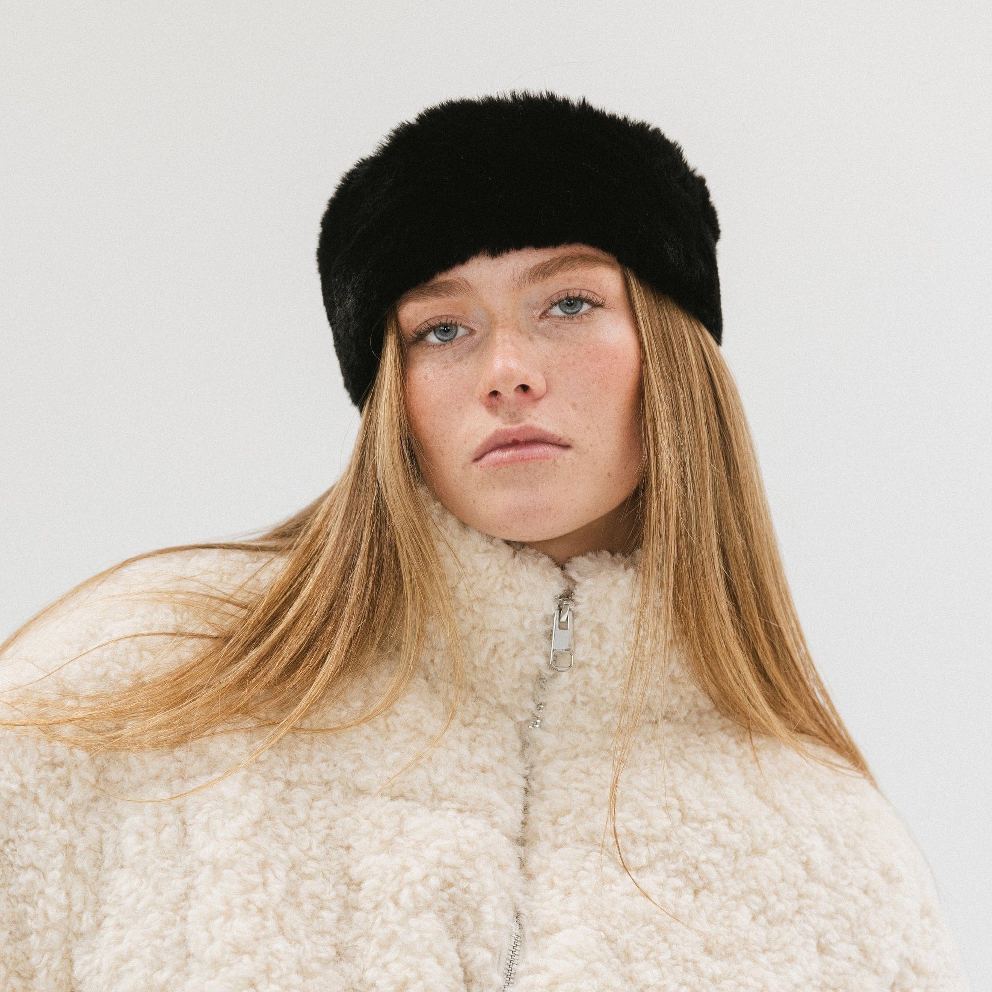 Gigi Pip winter hats for women - Margot Faux Fur Headband - 100% faux fur, satin + faux leather elastic winter headband for warmth + style [black]