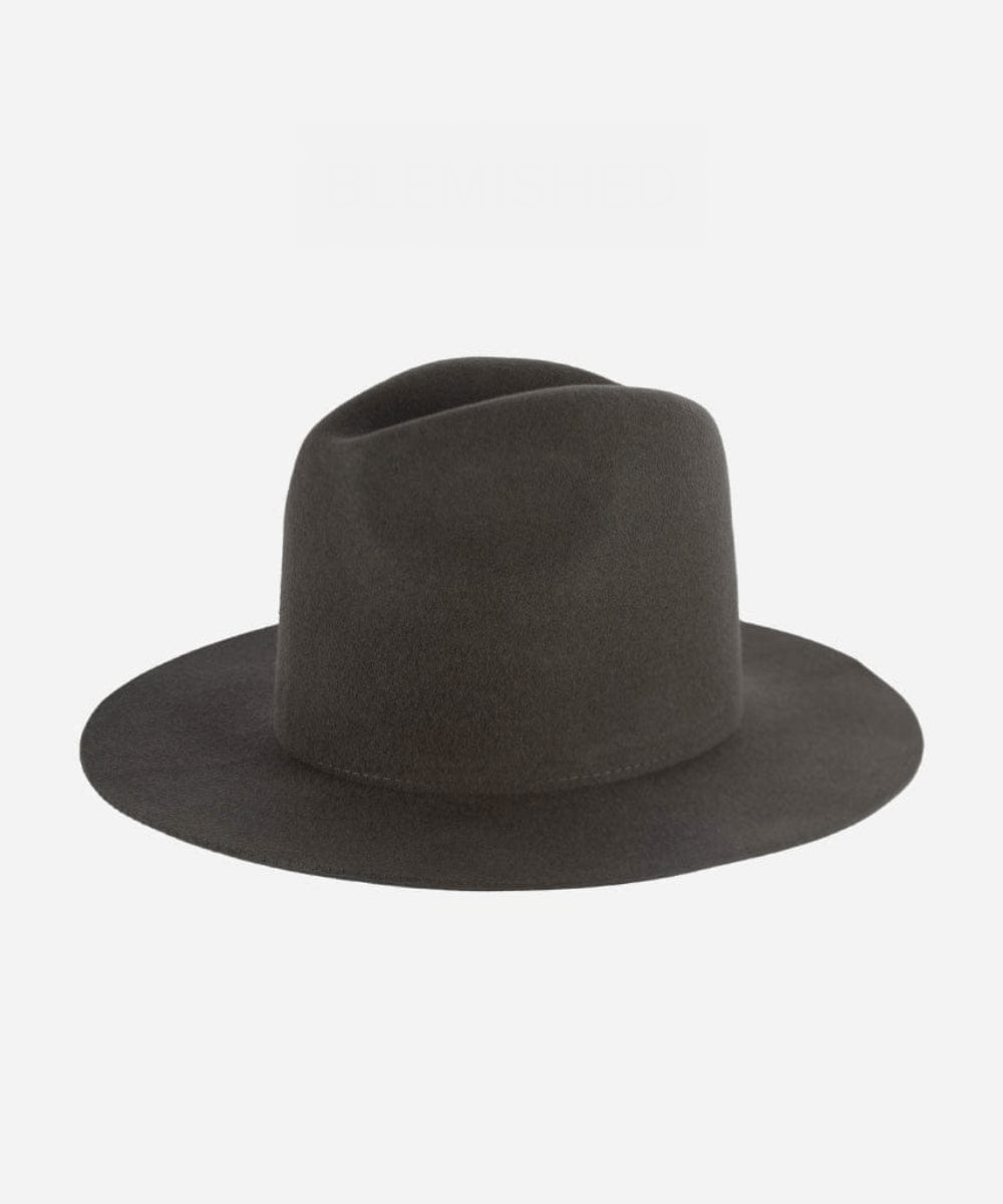 A dark grey tall fedora hat on a plain background #color_dark grey