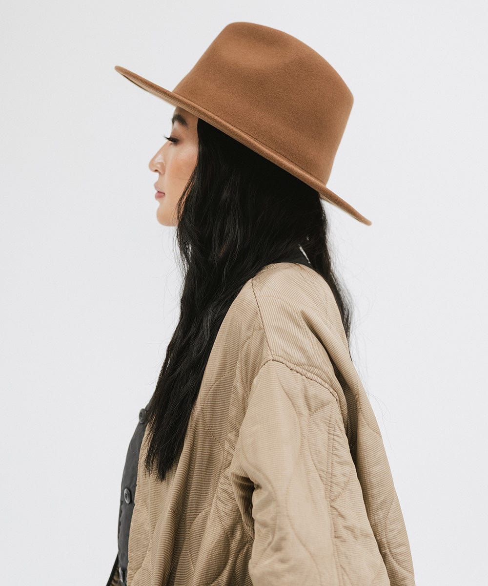 Woman wearing a brown fedora hat and a beige jacket, facing sideways against a plain background #color_brown