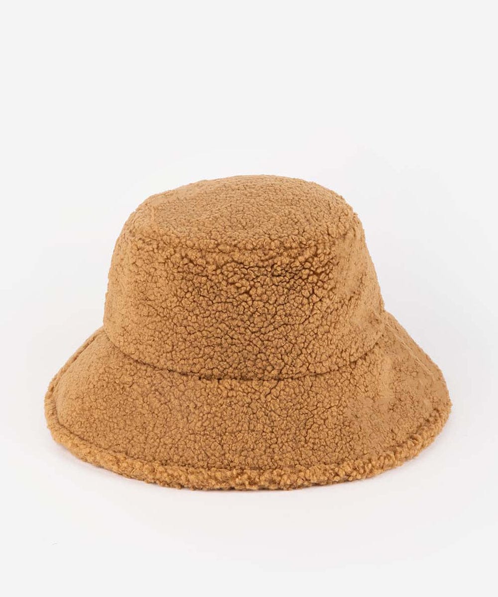 Brown fleece bucket hat on a white background #color_camel